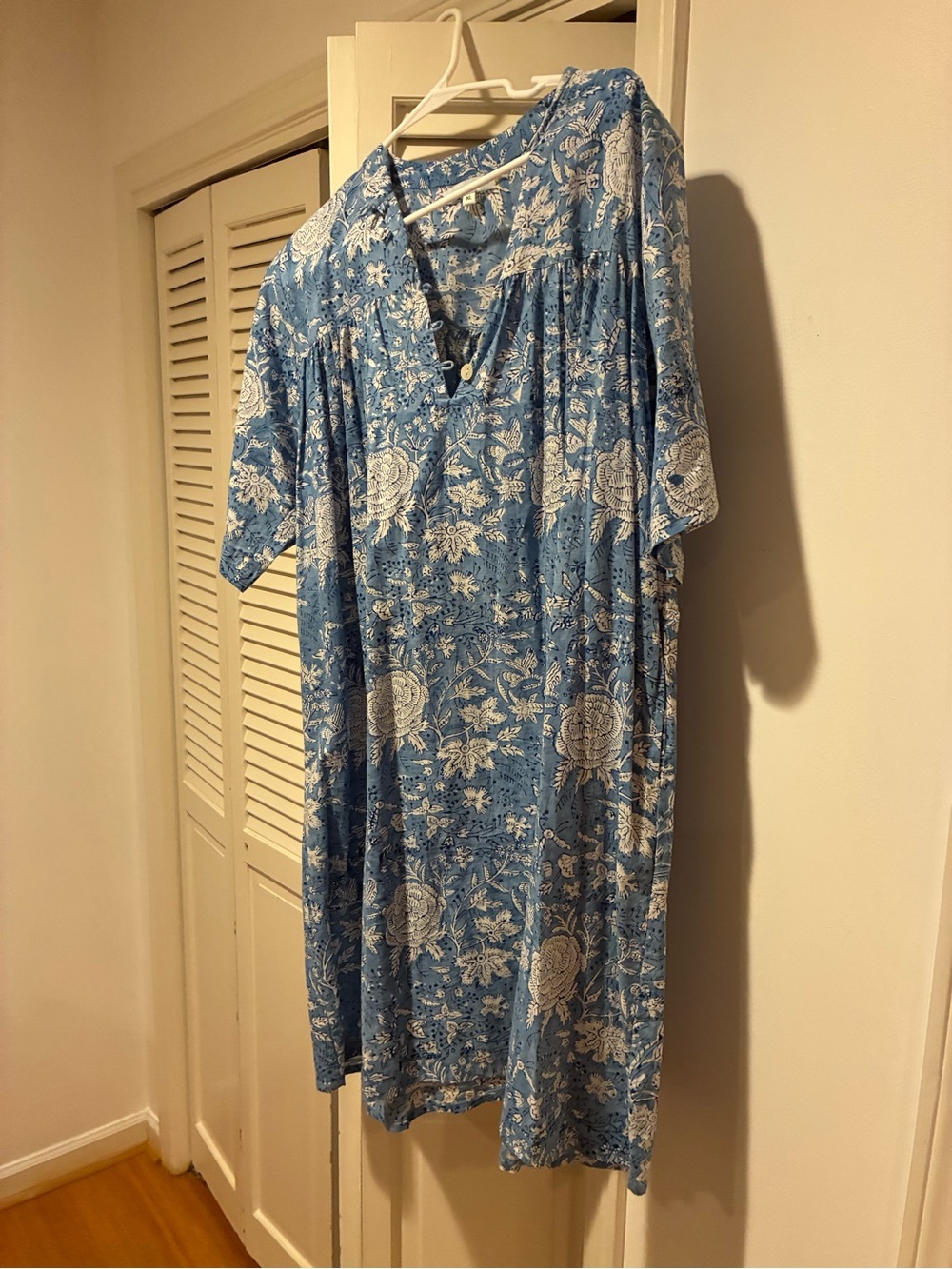 Blue Floral Midi Dress with Button V-Neck